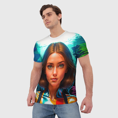 Мужская футболка 3D с принтом Девушка ихтиолог с медузами, фото на моделе #1