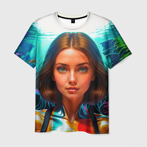 Мужская футболка 3D с принтом Девушка ихтиолог с медузами, вид спереди #2