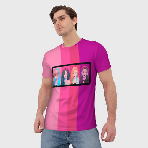 Мужская футболка 3D с принтом Группа Black pink на фоне оттенков розового, фото на моделе #1