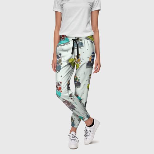 Женские брюки 3D с принтом Маяк с деревьями на фоне солнца, фото на моделе #1