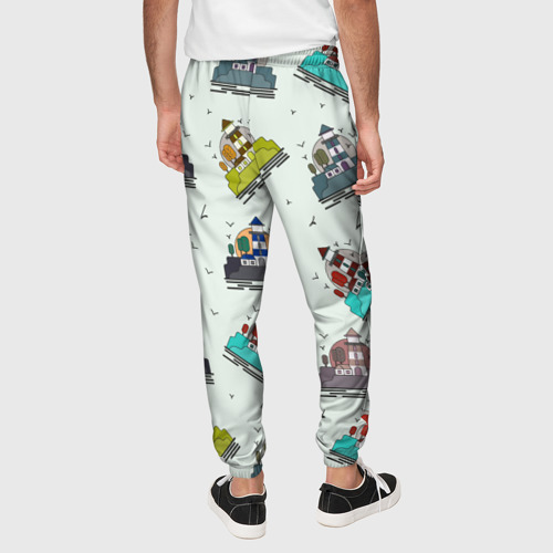 Мужские брюки 3D с принтом Маяк с деревьями на фоне солнца, вид сзади #2