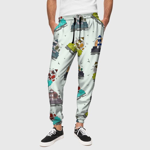 Мужские брюки 3D с принтом Маяк с деревьями на фоне солнца, вид сбоку #3