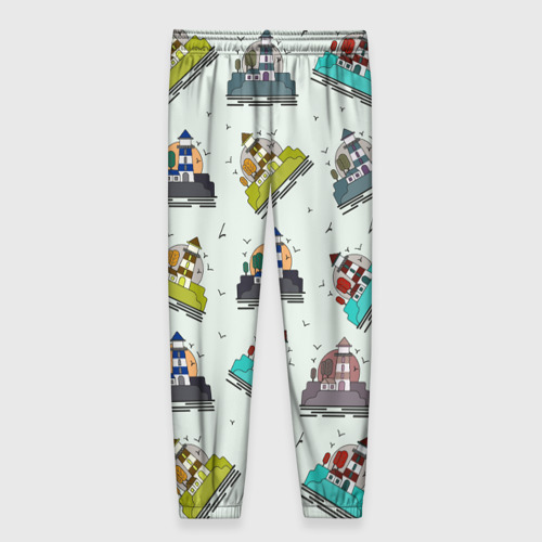 Женские брюки 3D с принтом Маяк с деревьями на фоне солнца, вид сзади #1