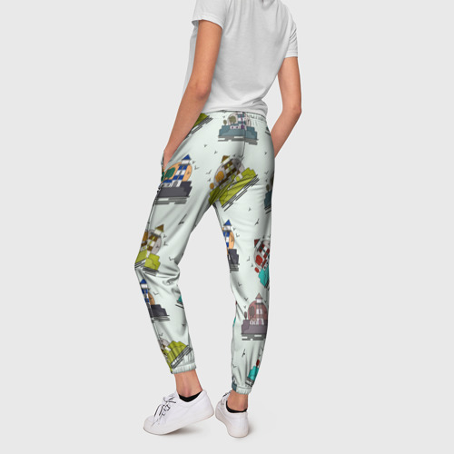 Женские брюки 3D с принтом Маяк с деревьями на фоне солнца, вид сзади #2