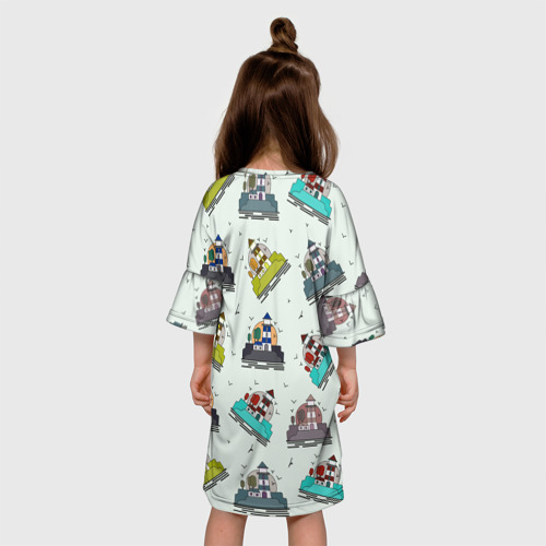 Детское платье 3D с принтом Маяк с деревьями на фоне солнца, вид сзади #2