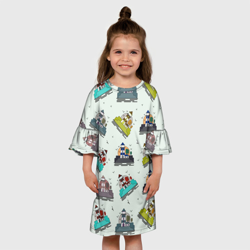 Детское платье 3D с принтом Маяк с деревьями на фоне солнца, вид сбоку #3