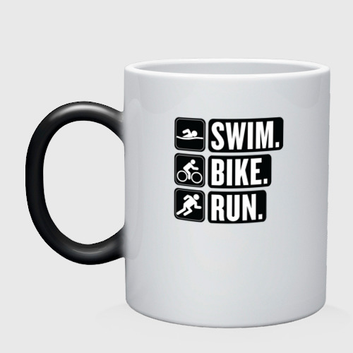 Кружка хамелеон Swim bike run, цвет белый + черный