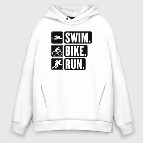 Мужское худи Oversize хлопок Swim bike run, цвет белый