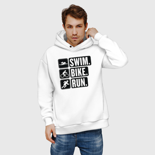 Мужское худи Oversize хлопок Swim bike run, цвет белый - фото 3