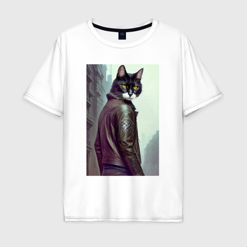 Мужская футболка из хлопка оверсайз с принтом Модный котяра - Лондон - нейросеть, вид спереди №1