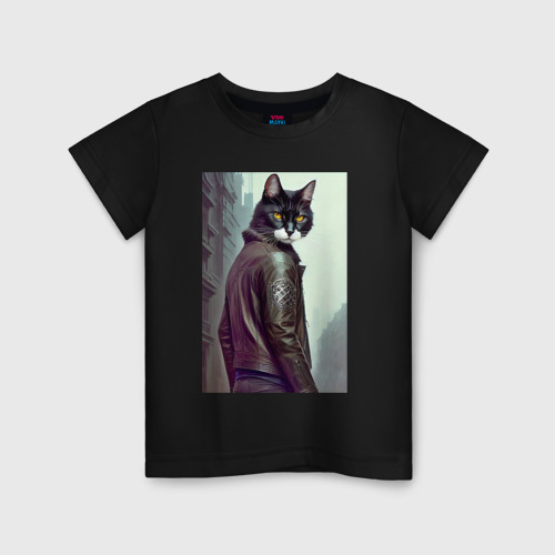 Детская футболка хлопок с принтом Модный котяра - Лондон - нейросеть, вид спереди #2