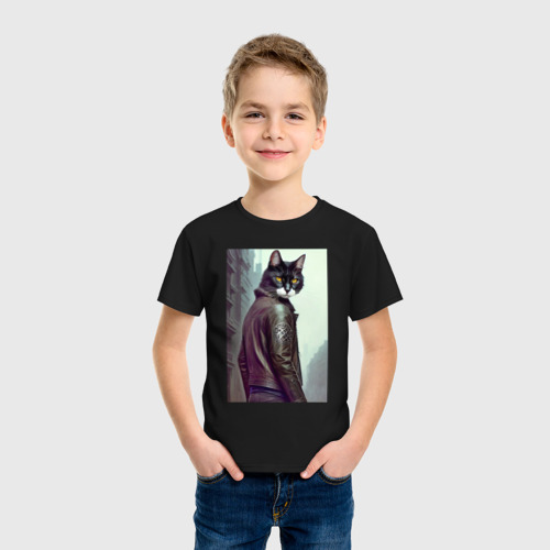 Детская футболка хлопок с принтом Модный котяра - Лондон - нейросеть, фото на моделе #1