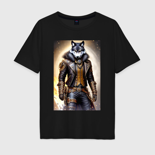 Мужская футболка хлопок Oversize с принтом Крутой волчара - стимпанк - нейросеть, вид спереди #2
