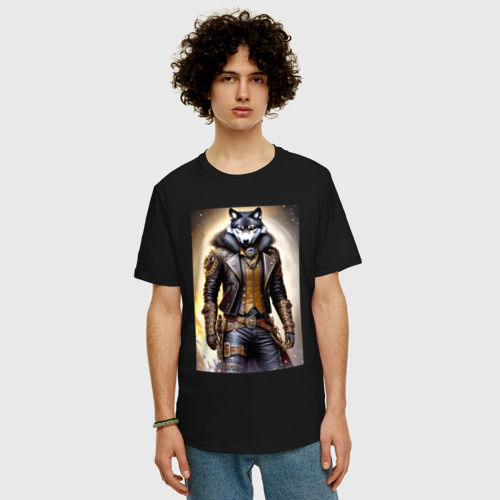 Мужская футболка хлопок Oversize с принтом Крутой волчара - стимпанк - нейросеть, фото на моделе #1