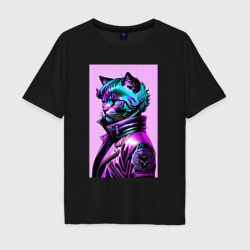 Мужская футболка хлопок Oversize Прикольный фиолетовый котейка - нейросеть