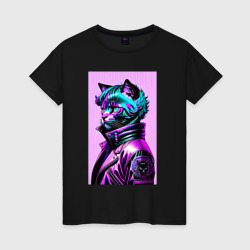 Женская футболка хлопок Прикольный фиолетовый котейка - нейросеть