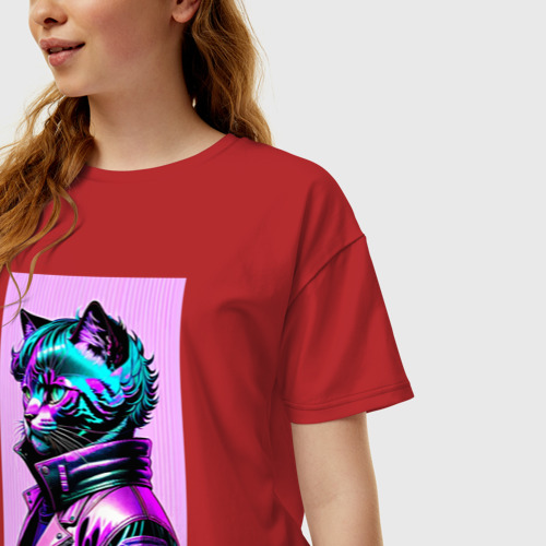 Женская футболка хлопок Oversize с принтом Прикольный фиолетовый котейка - нейросеть, фото на моделе #1