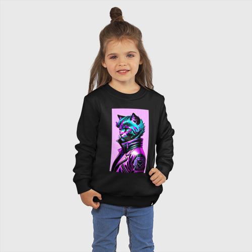 Детский свитшот хлопок с принтом Прикольный фиолетовый котейка - нейросеть, фото на моделе #1
