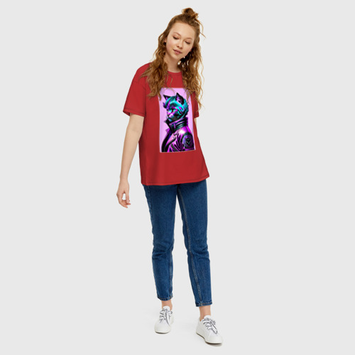 Женская футболка хлопок Oversize с принтом Прикольный фиолетовый котейка - нейросеть, вид сбоку #3