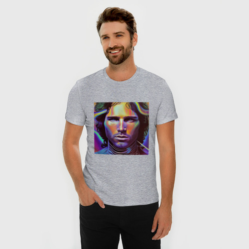 Мужская футболка хлопок Slim Jim Morrison neon portrait art, цвет меланж - фото 3