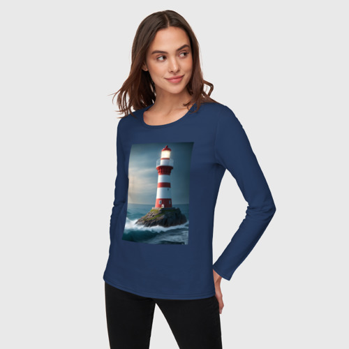 Женский лонгслив хлопок с принтом Маяк в море, фото на моделе #1