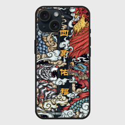 Чехол силиконовый для Apple iPhone 15 матовый Japanese art irezumi - tiger and dragon