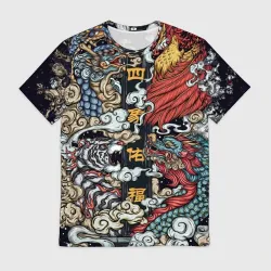Мужская футболка 3D Japanese art irezumi - tiger and dragon