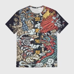 Мужская футболка 3D Japanese art irezumi - tiger and dragon