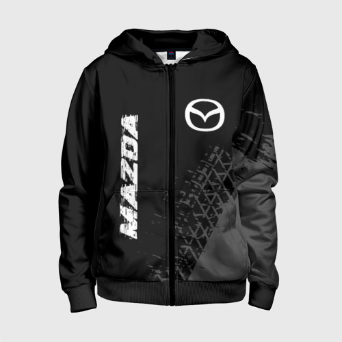 Детская толстовка 3D на молнии Mazda Speed на темном фоне со следами шин: надпись, символ, цвет черный