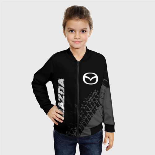 Детский бомбер 3D Mazda Speed на темном фоне со следами шин: надпись, символ, цвет черный - фото 3