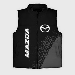 Мужской жилет утепленный 3D Mazda Speed на темном фоне со следами шин: надпись, символ