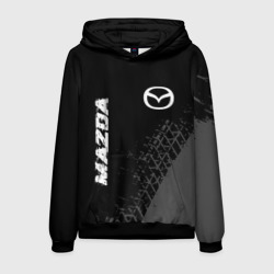 Мужская толстовка 3D Mazda Speed на темном фоне со следами шин: надпись, символ