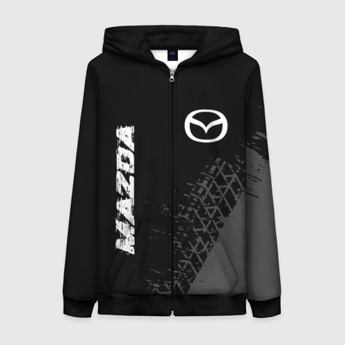 Женская толстовка 3D на молнии Mazda Speed на темном фоне со следами шин: надпись, символ, цвет черный