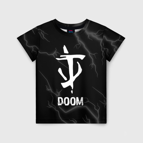 Детская футболка 3D с принтом Doom glitch на темном фоне, вид спереди #2