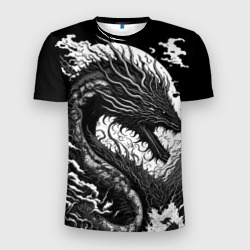 Мужская футболка 3D Slim Черно-белый дракон и волны
