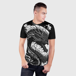 Мужская футболка 3D Slim Черно-белый дракон и волны - фото 2