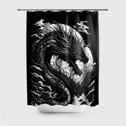 Штора 3D для ванной Черно-белый дракон и волны