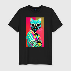 Мужская футболка хлопок Slim Cat in sunglasses - pop art