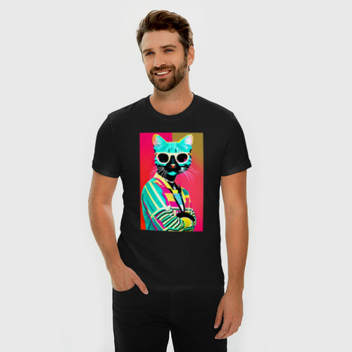 Мужская футболка хлопок Slim Cat in sunglasses - pop art, цвет черный - фото 3