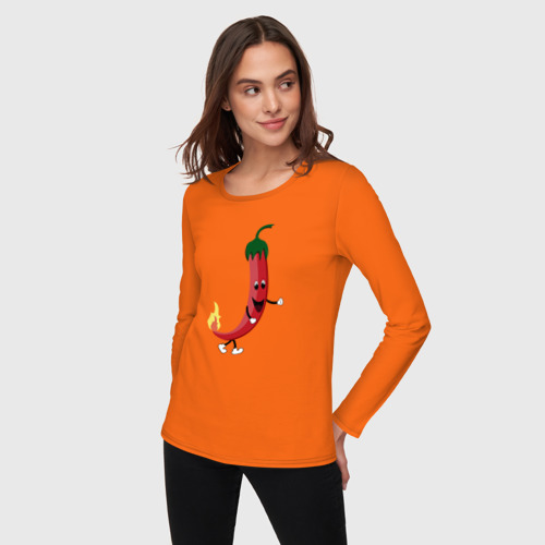 Женский лонгслив хлопок с принтом Крутой мексиканский перец с огоньком, фото на моделе #1