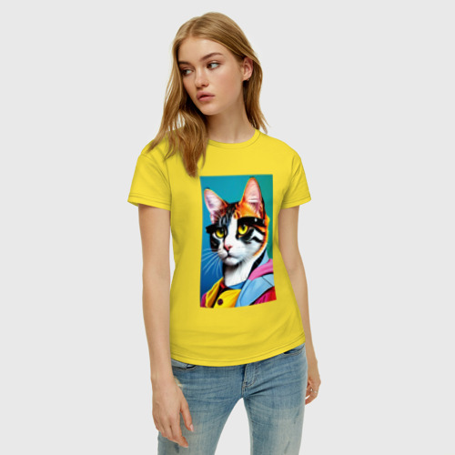 Женская футболка хлопок Кот с бровями - поп-арт - нейросеть, цвет желтый - фото 3