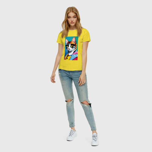 Женская футболка хлопок Кот с бровями - поп-арт - нейросеть, цвет желтый - фото 5