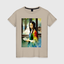 Женская футболка хлопок Мона Лиза в библиотеке - нейросеть - акварель