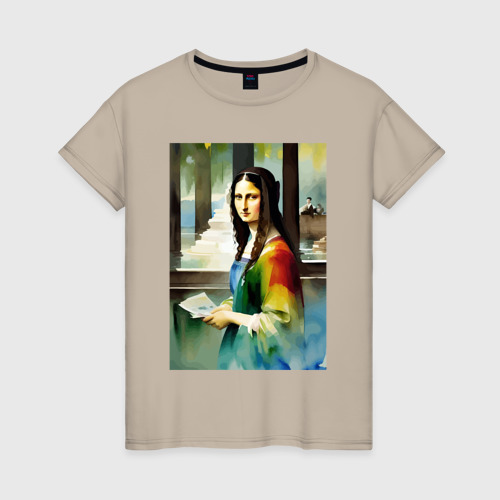 Женская футболка хлопок Мона Лиза в библиотеке - нейросеть - акварель, цвет миндальный
