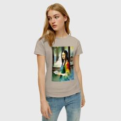 Женская футболка хлопок Мона Лиза в библиотеке - нейросеть - акварель - фото 2