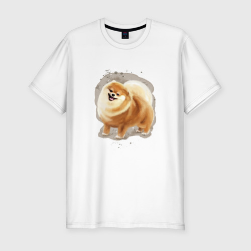 Мужская футболка хлопок Slim с принтом Милая собака шпиц, вид спереди #2
