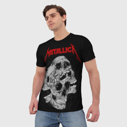 Футболка с принтом Metallica skulls для женщины, вид на модели спереди №2. Цвет основы: белый