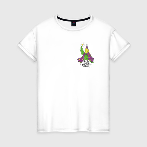 Женская футболка из хлопка с принтом Волнистый попугай волшебник, вид спереди №1