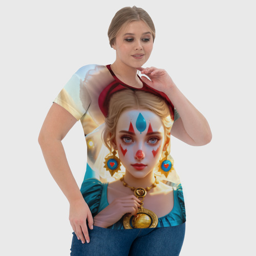 Женская футболка 3D Девушка арлекин с воздушными шарами-сердцами, цвет 3D печать - фото 6