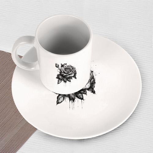 Набор: тарелка + кружка роза нарисованная карандашом  - фото 3